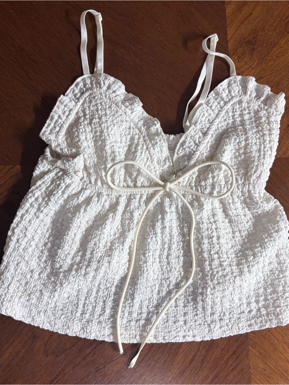 White Smocked Crop Top with Tie Front